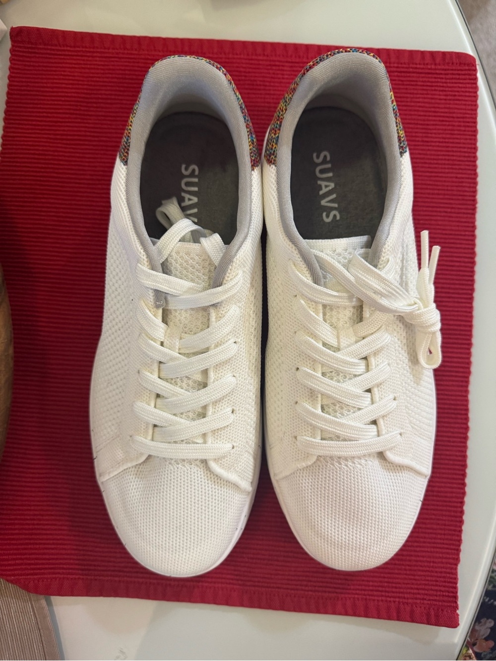 Suavs Men’s White Knit Lace-Up Sneakers with Multicolor Trim. Never worn.